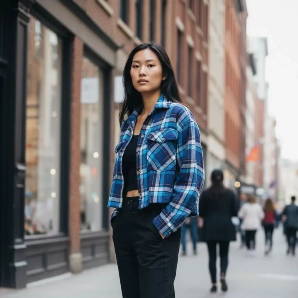 BeachLunChLounge Blue Plaid Shacket thick Flannel Jacket L/G Button Up Overshirt